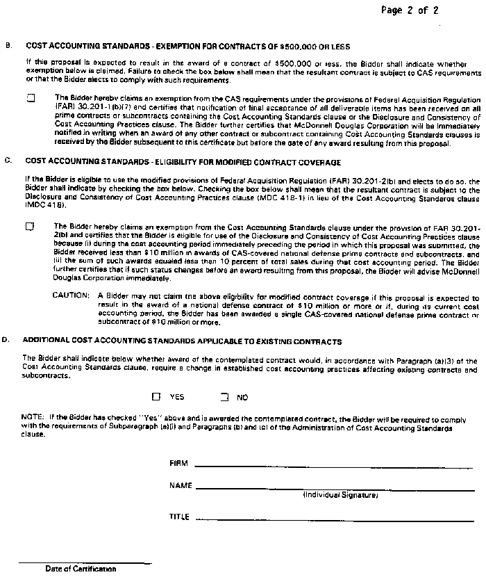 MCDONNELL DOUGLAS - COST ACCOUNTING STANDARDS CERTIFICATION QUOTATION CONDITIONS (FAR NON-DEFENSE)  2